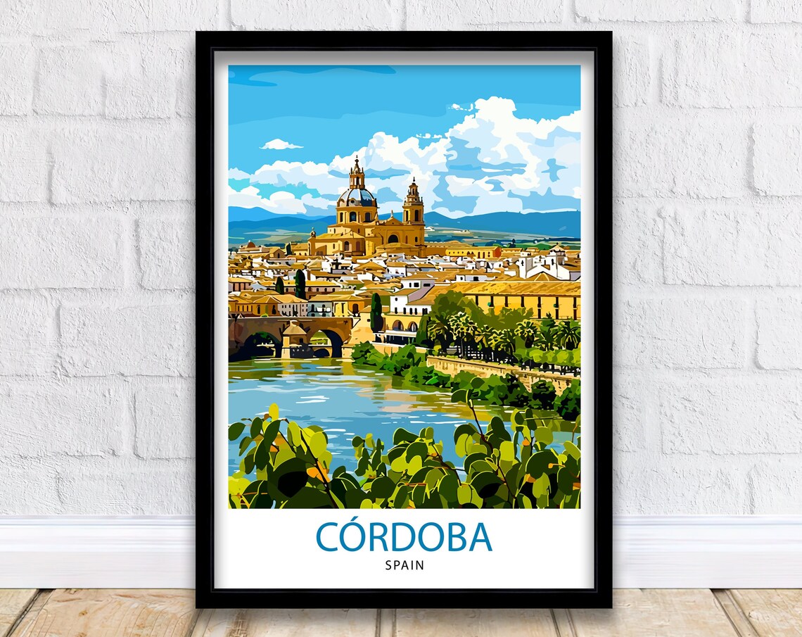 Cordoba Spain Mezquita Cathedral Roman Bridge River View Travel Poster