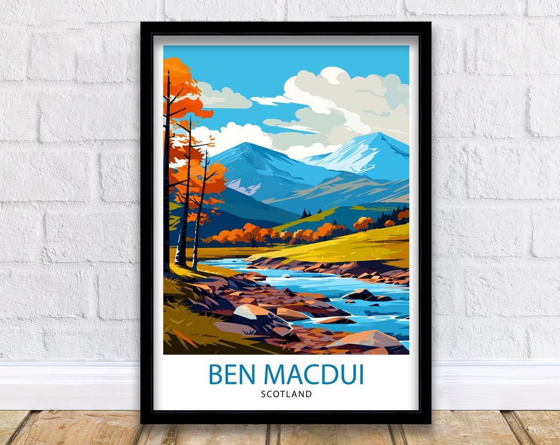 Ben Macdui Scotland Autumn River Mountain Scene Travel Poster