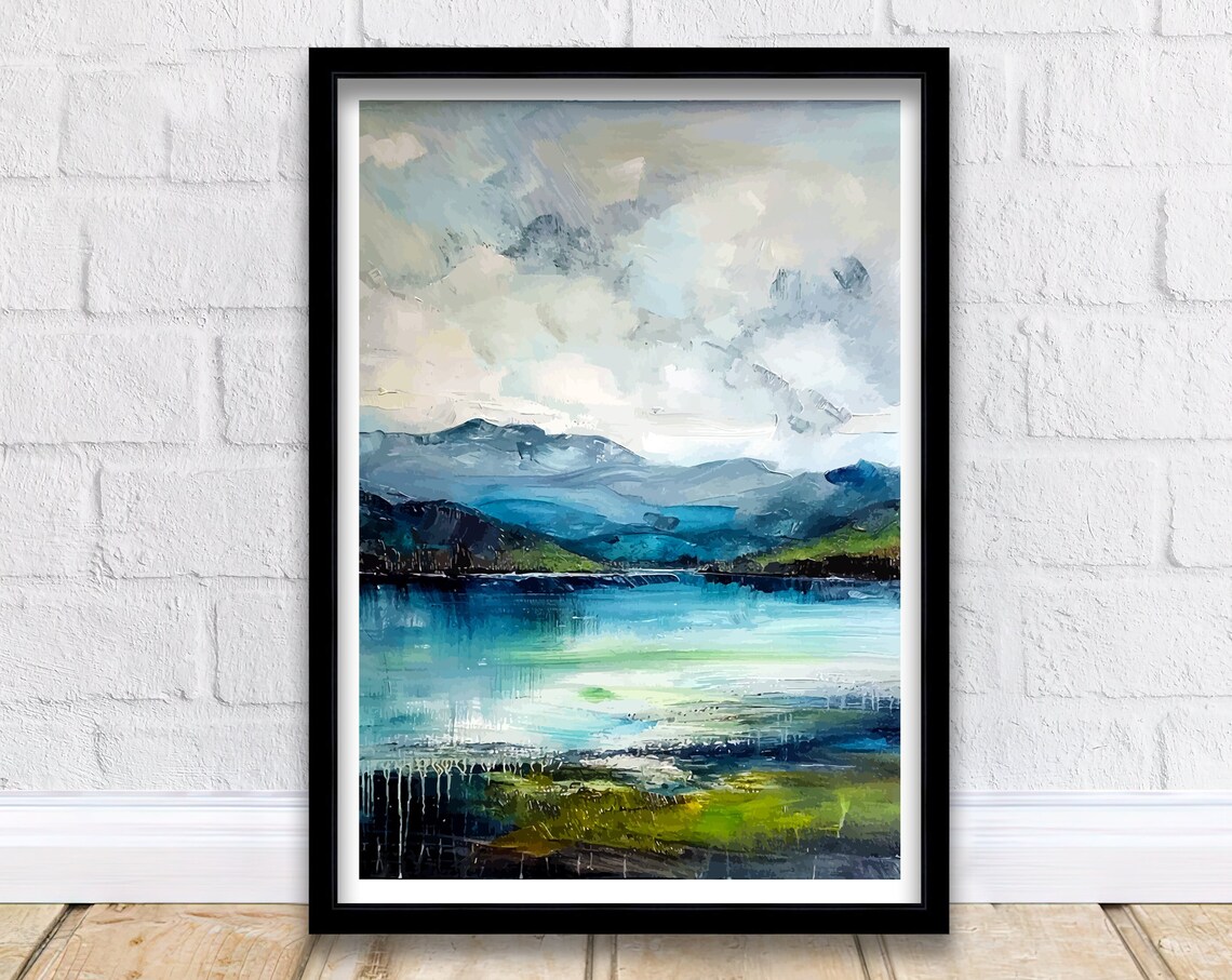 Derwentwater Abstract Watercolor Lake District Blue Lake Scene Print