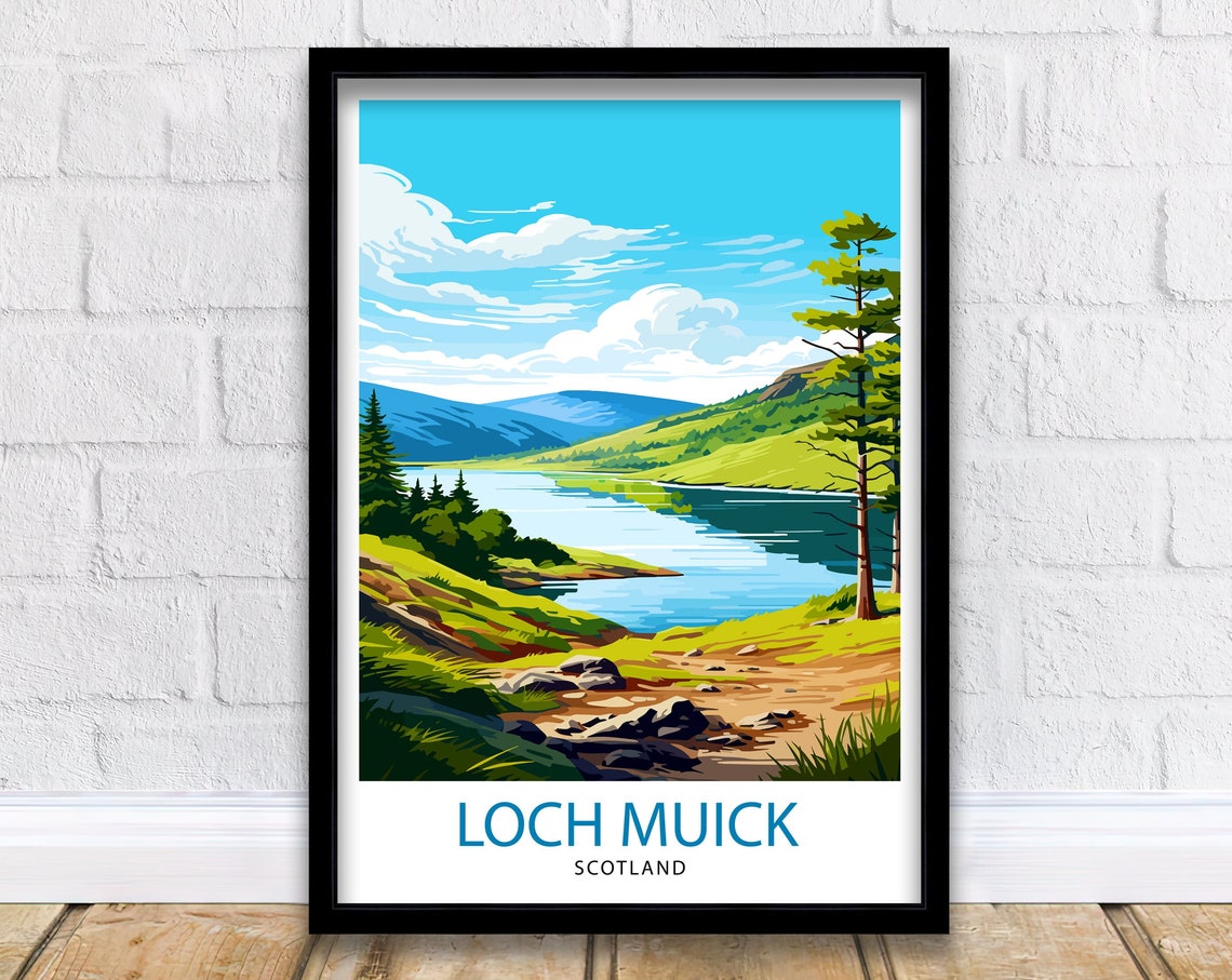 Loch Muick Scotland Loch Green Hills Path View Travel Poster