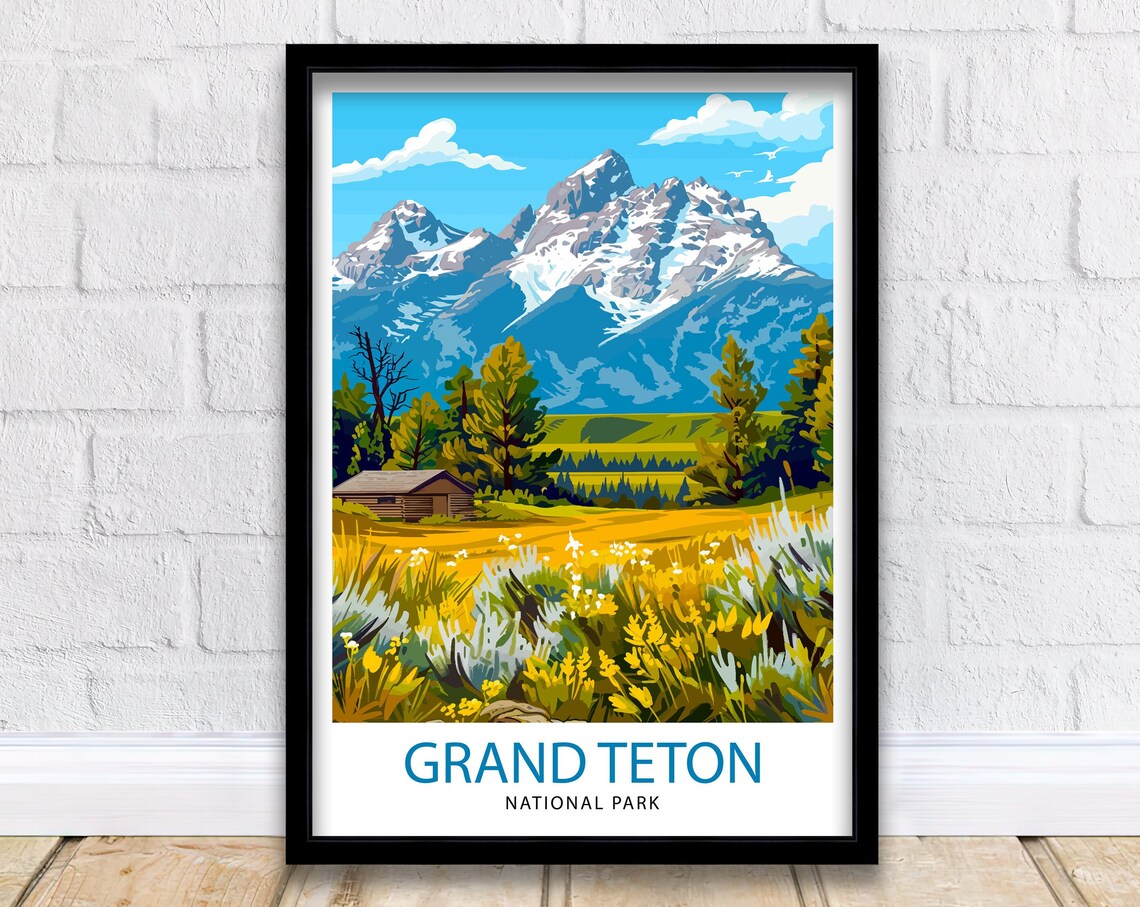 Grand Teton National Park Cabin Meadow Wildflowers Vintage Travel Poster