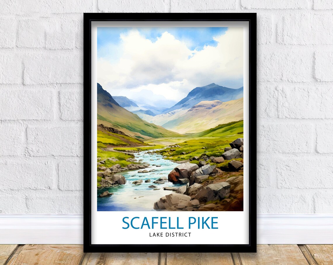 Scafell Pike Lake District Mountain Stream Valley Watercolor Poster