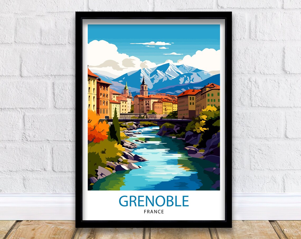 Grenoble France Alpine City and Mountain River Landscape Poster