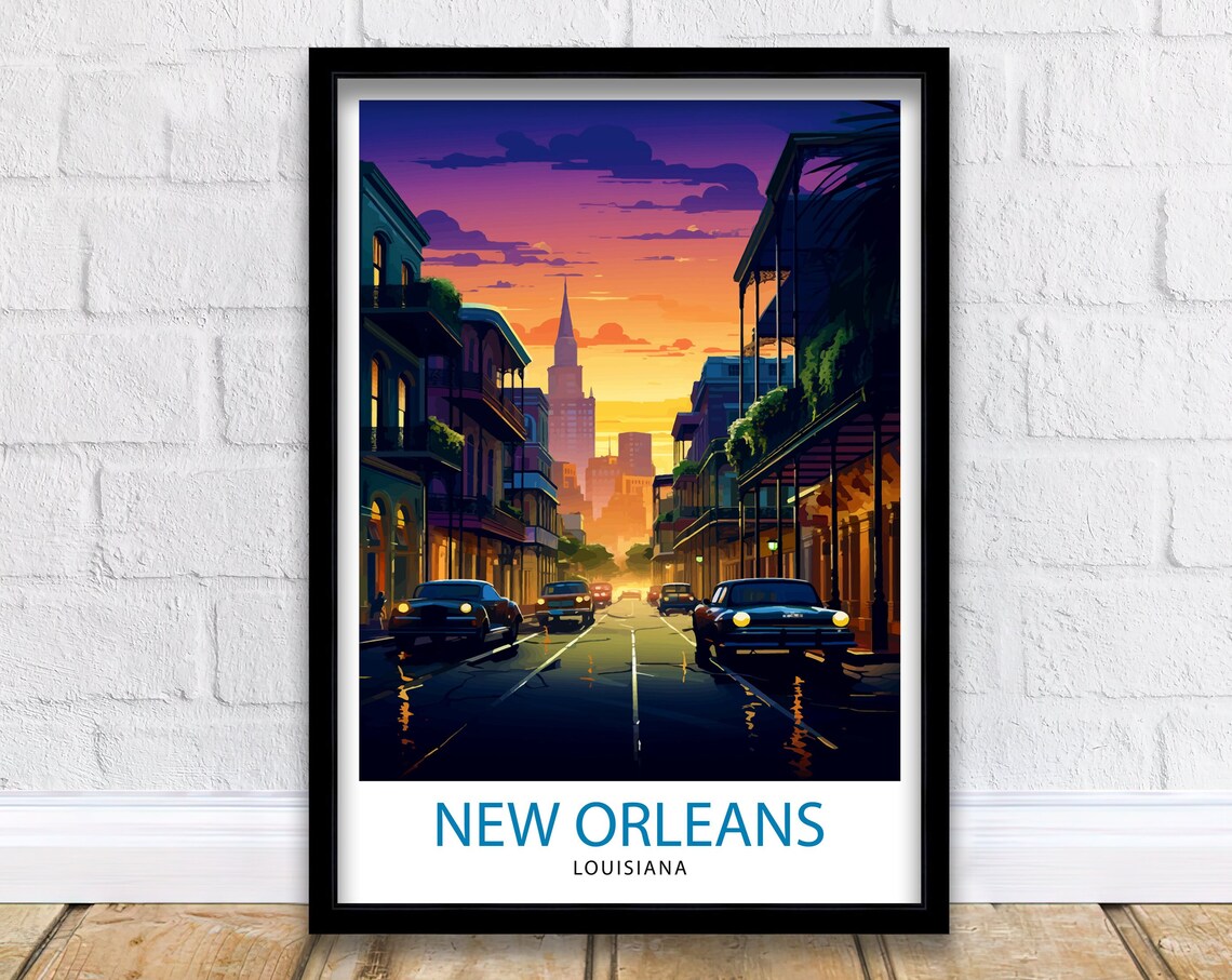 New Orleans Louisiana Sunset Street Cathedral Vintage Travel Poster