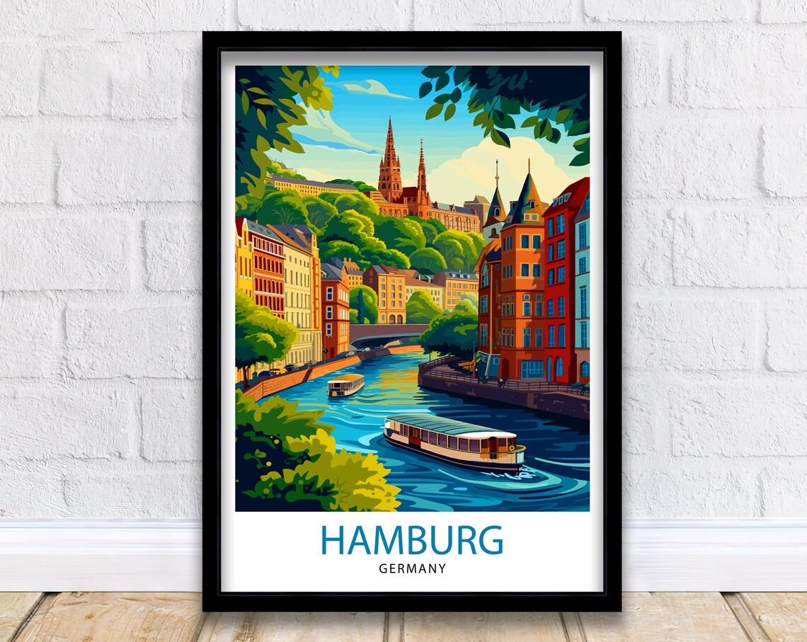 Hamburg Germany Historic Harbor Canal Boats Old Town Travel Poster