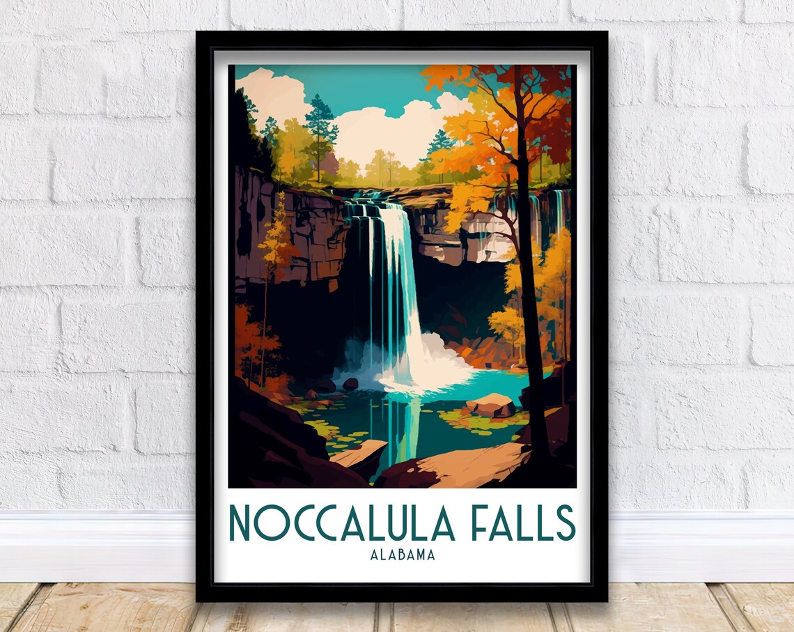 Noccalula Falls Alabama Autumn Waterfall Canyon Travel Poster