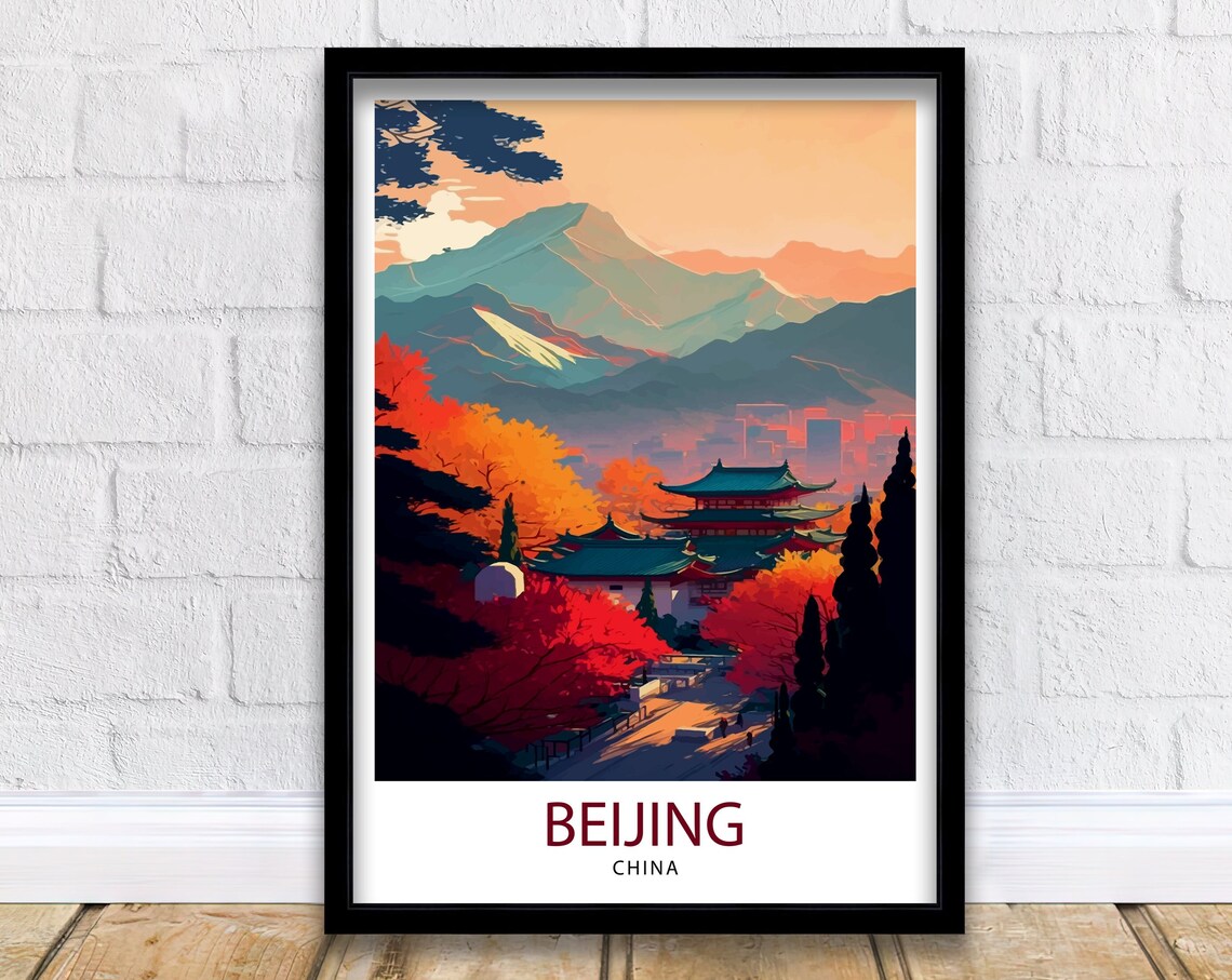Beijing China Temple Pavilion Autumn Mountains Travel Poster