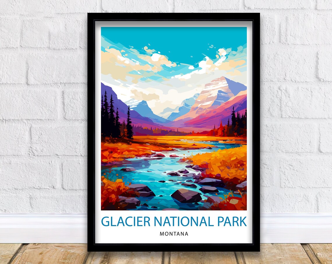 Glacier National Park Montana Colorful Valley Stream Travel Poster