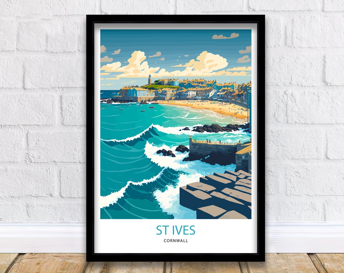 St Ives Cornwall Coastal Town Waves Illustrated Travel Poster