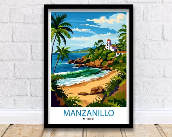Manzanillo Mexico Travel Poster Tropical Paradise Art Mexican Beach Resort Print Pacific Coast Wall Decor Exotic Destination Illustration