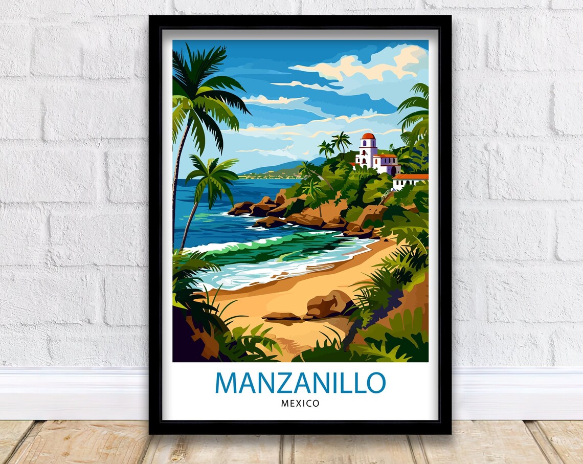Manzanillo Mexico Tropical Beach Palm Trees Chapel Travel Poster