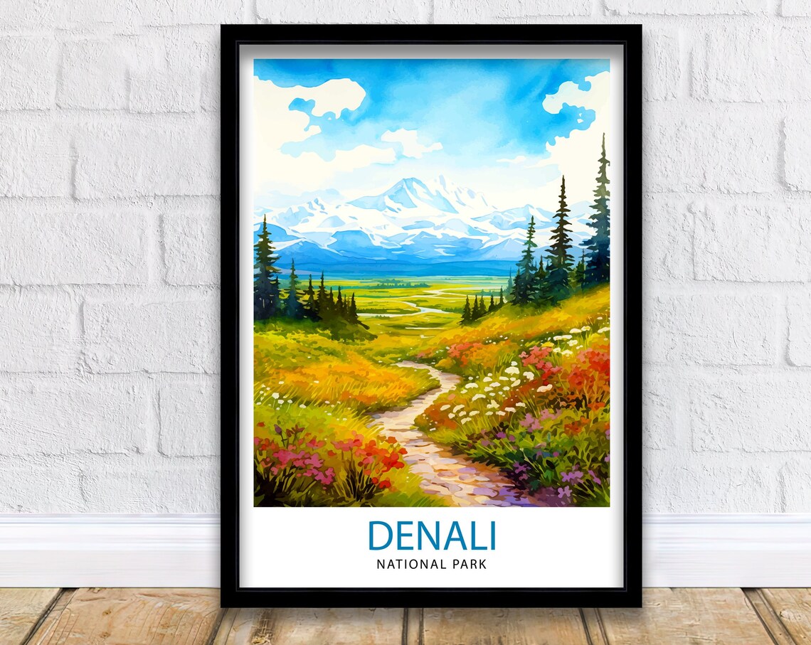 Denali National Park Alaska Wildflower Trail Watercolor Mountain Wall Art