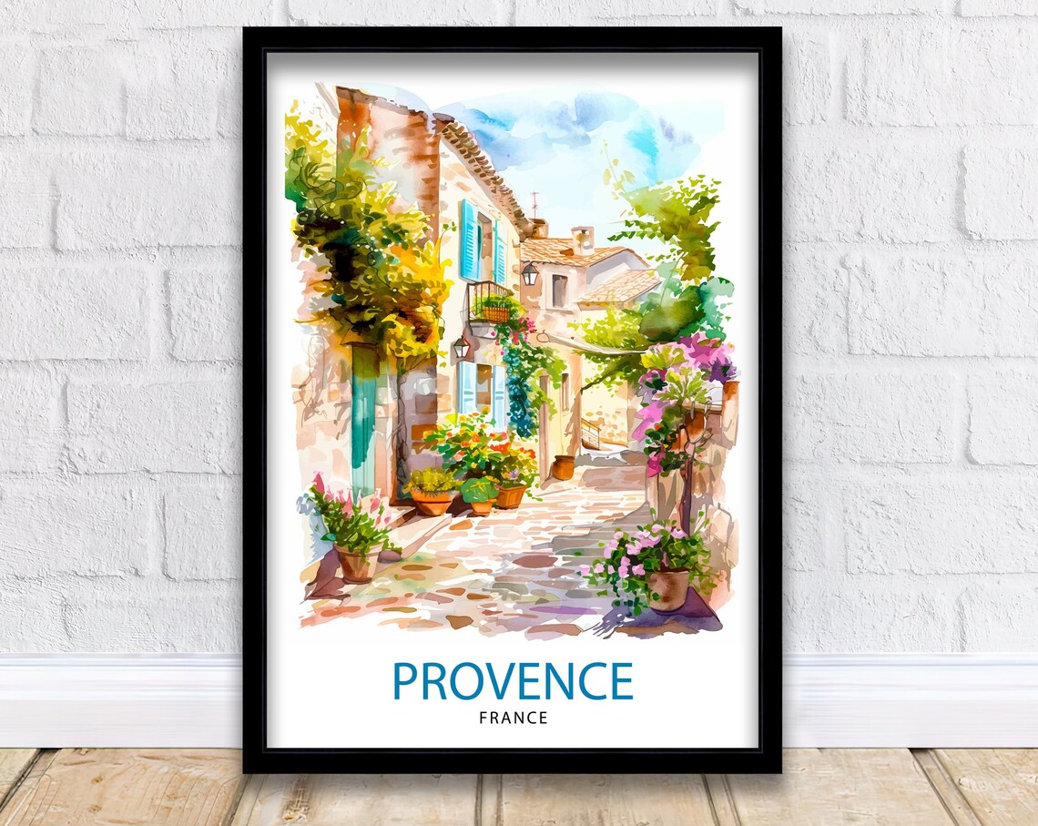 Provence France Stone Village Street Watercolor Flower Travel Poster
