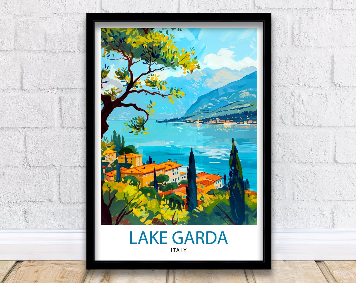 Lake Garda Italy Travel Poster Lakeside Town Cypress Mountain Art
