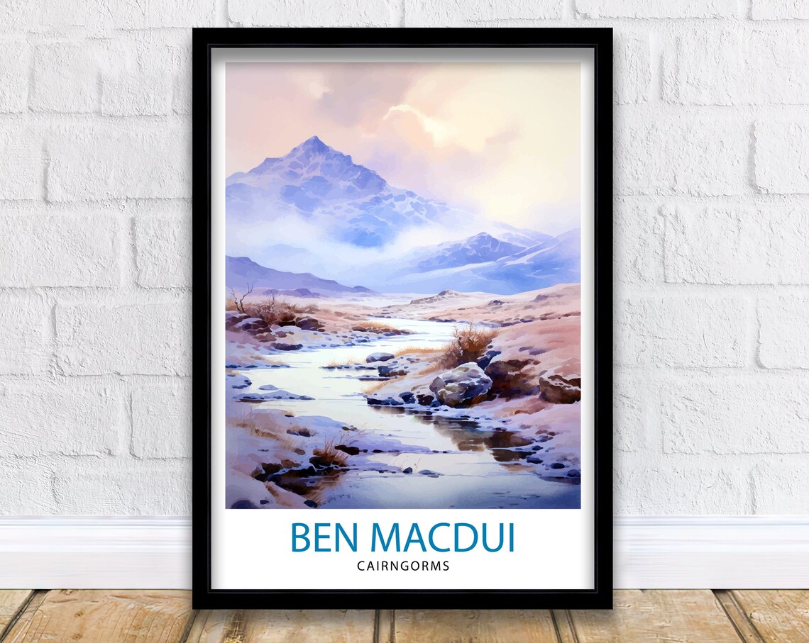Ben Macdui Cairngorms Misty Peak Stream Watercolor Mountain Poster