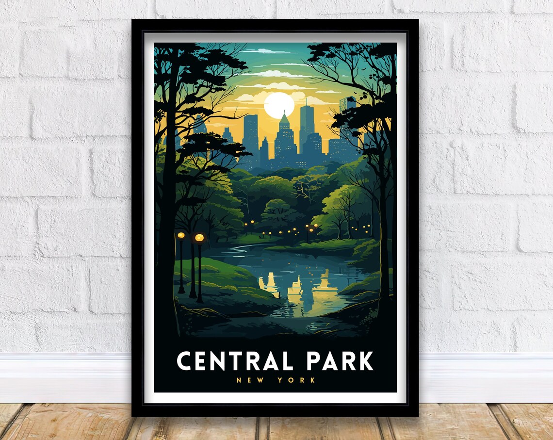 Central Park New York Sunset Skyline Lake Night Lights Poster