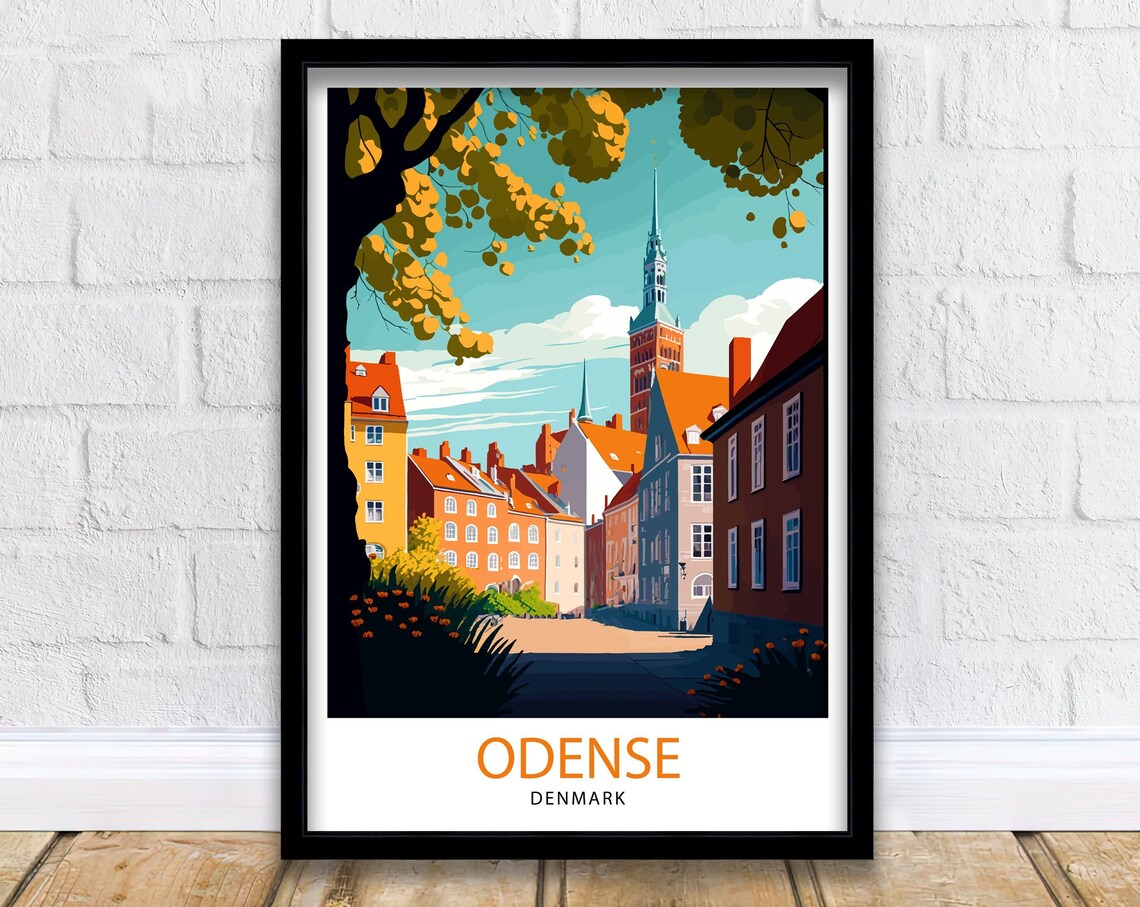 Odense Denmark Historic Street Church Tower Vintage Travel Poster