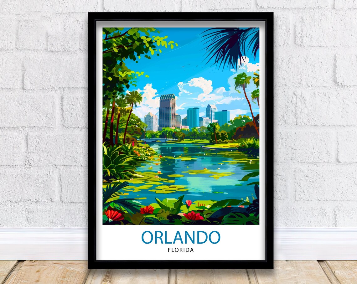 Orlando Florida Skyline Lily Pond Palms Tropical City Poster