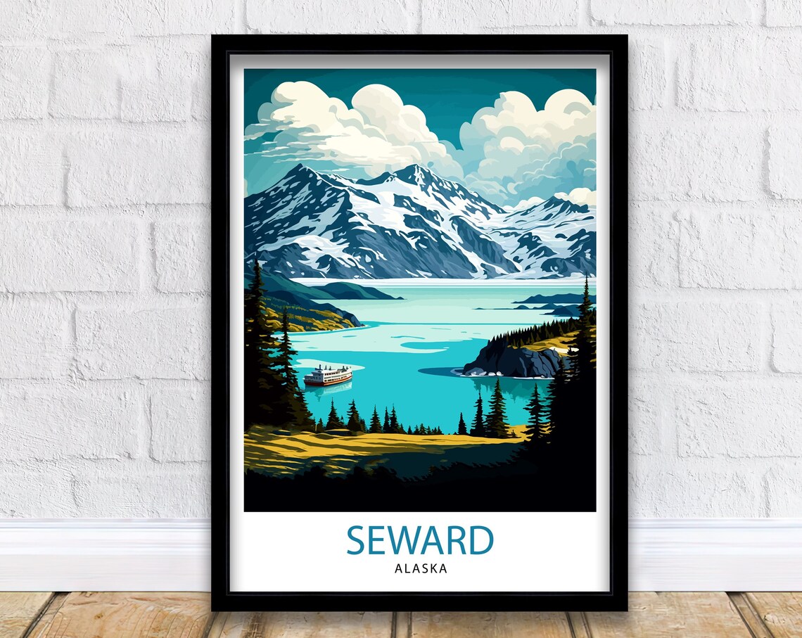 Seward Alaska Snowy Peaks Fjord Boat Vintage Travel Poster Mountains