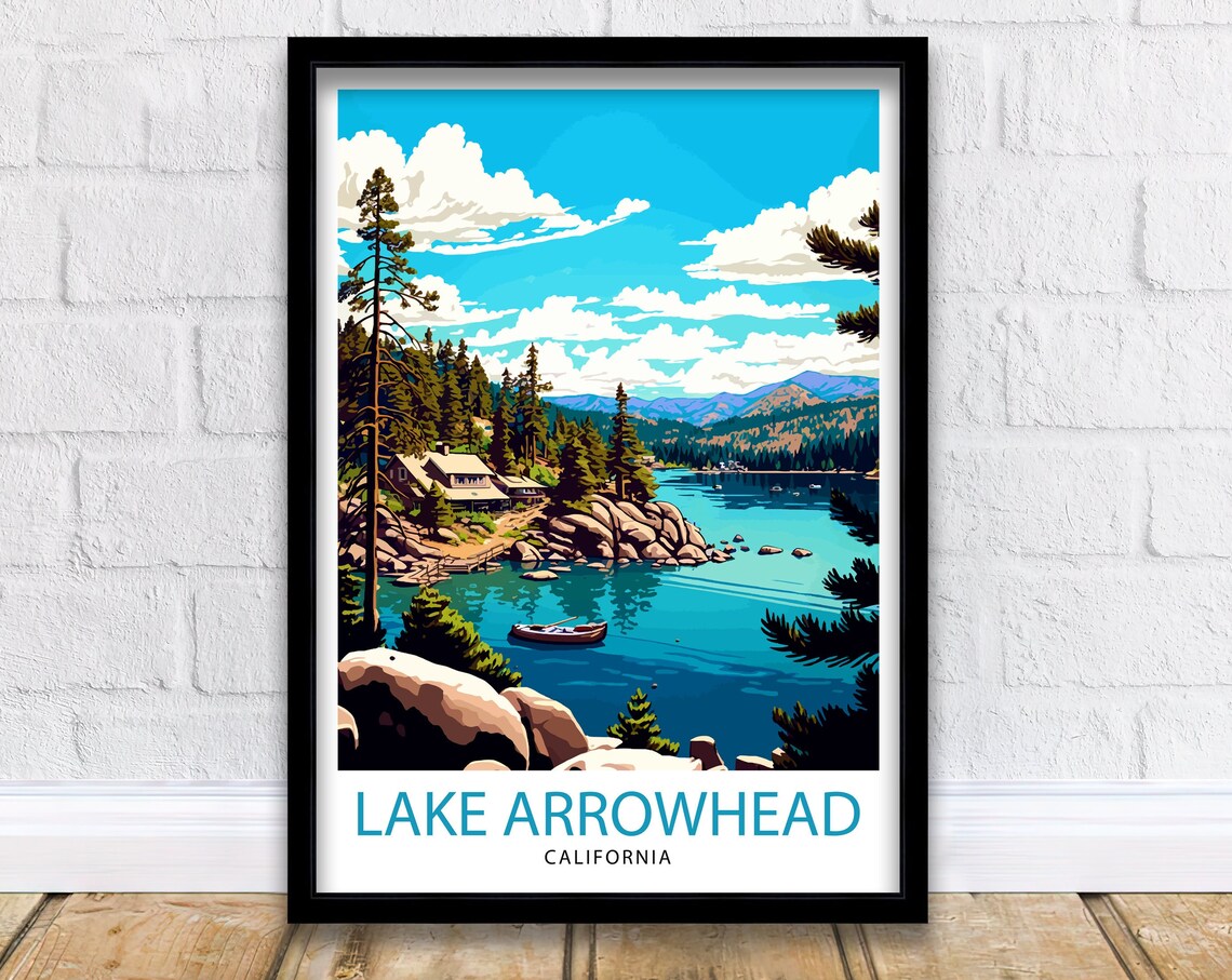 Lake Arrowhead California Mountain Lake Cabin Illustration Poster