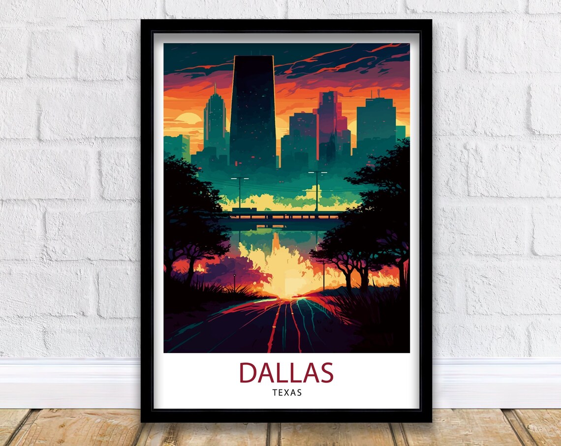 Dallas Texas Sunset Downtown Skyline Neon Cityscape Travel Poster