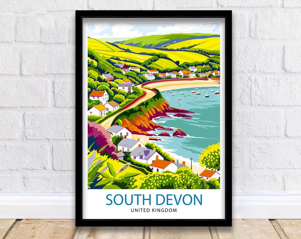 South Devon United Kingdom Coastal Village Hills Travel Poster