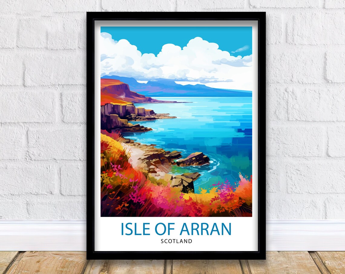 Isle of Arran Scotland Rocky Coastline Heather Sea View Travel Poster