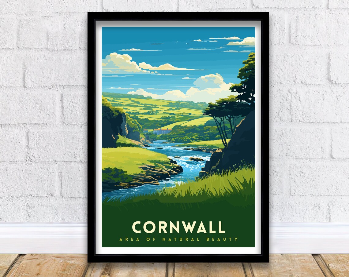 Cornwall Green River Valley Gorge Rolling Hills English Travel Poster