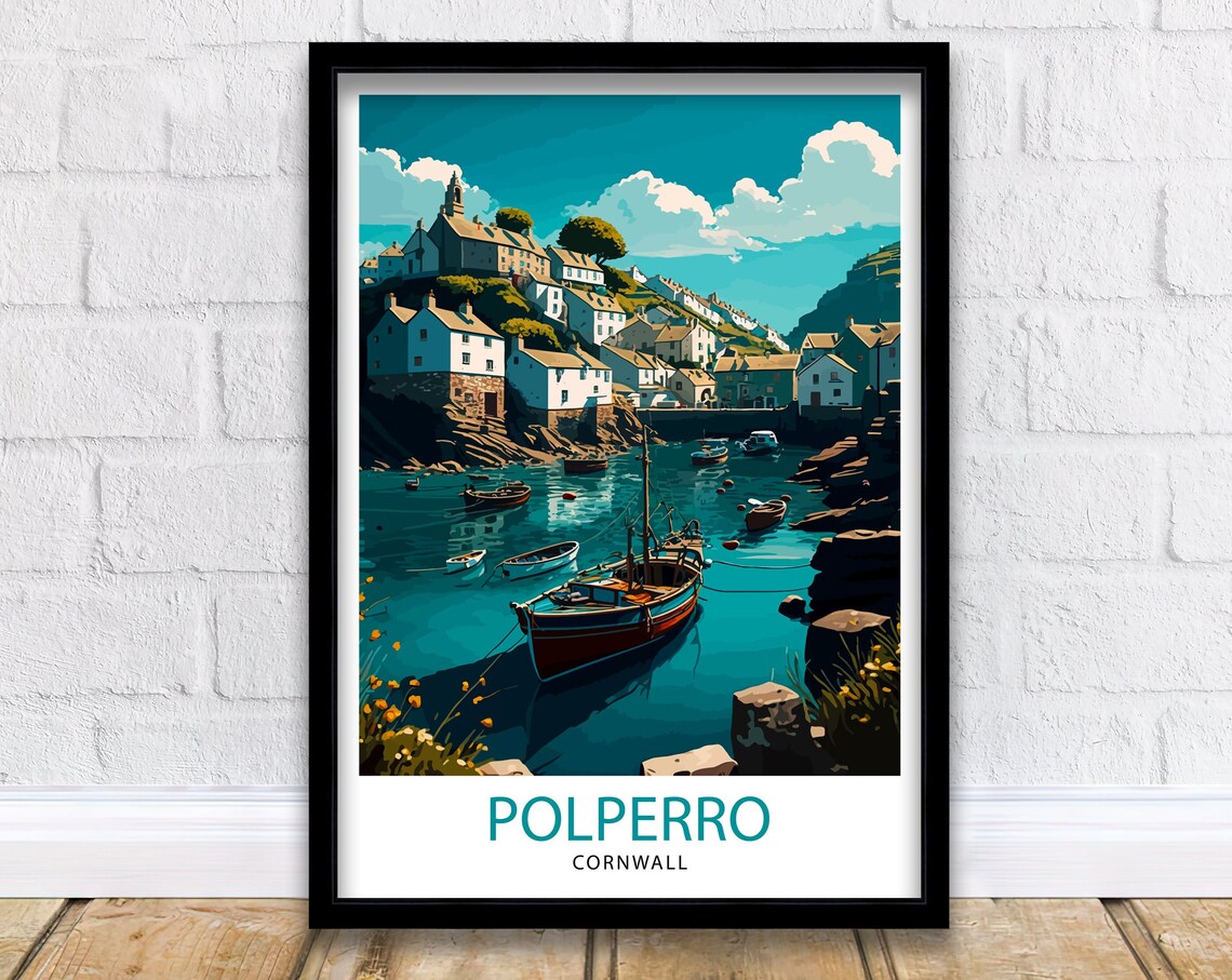 Polperro Cornwall Harbor Boats Fishing Village Teal Sea Poster