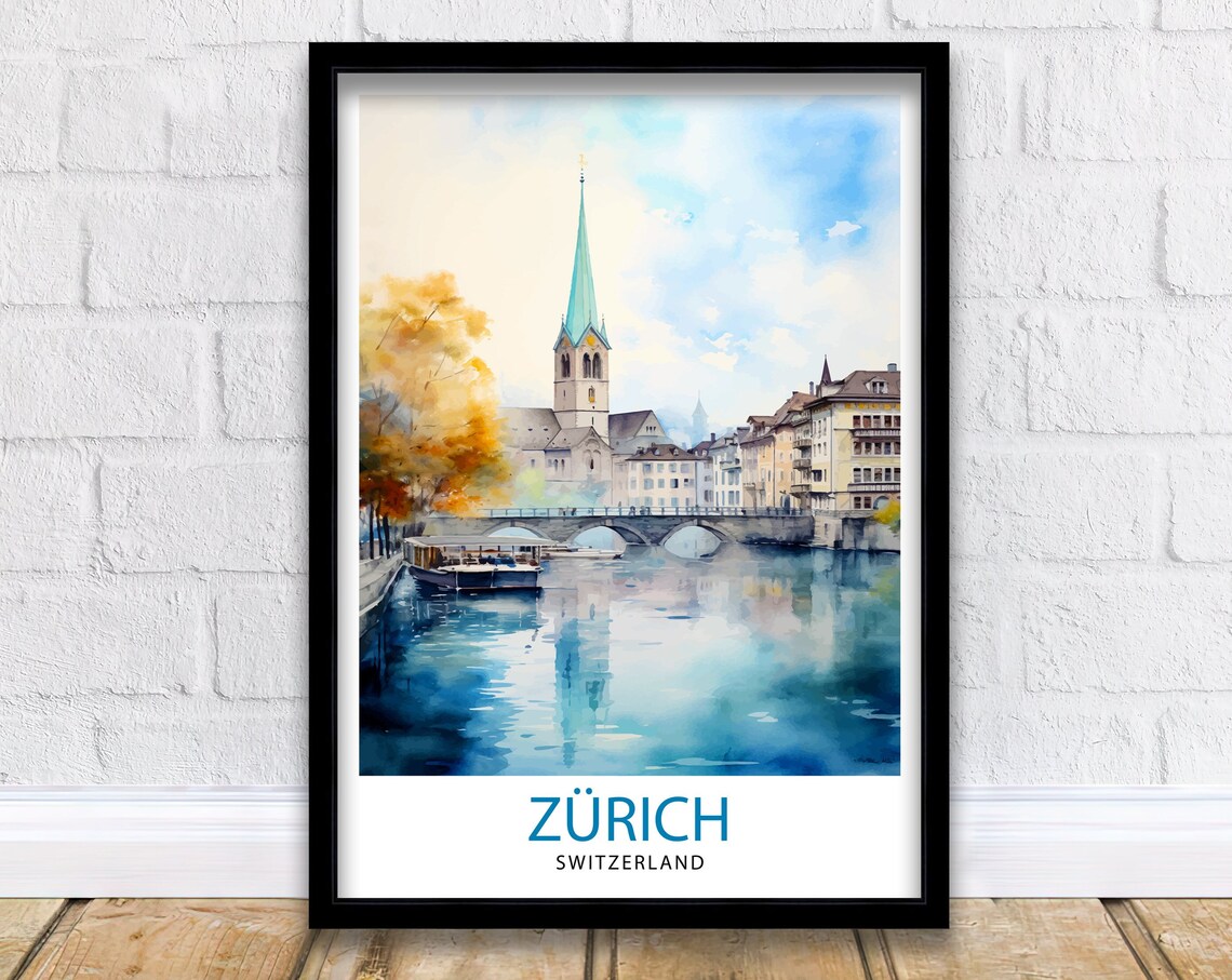 Zurich Switzerland Historic River Church Watercolor Town Poster