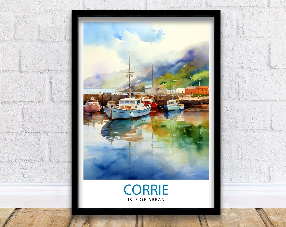 Corrie Isle of Arran Harbor Boats Watercolor Coastal Art Poster