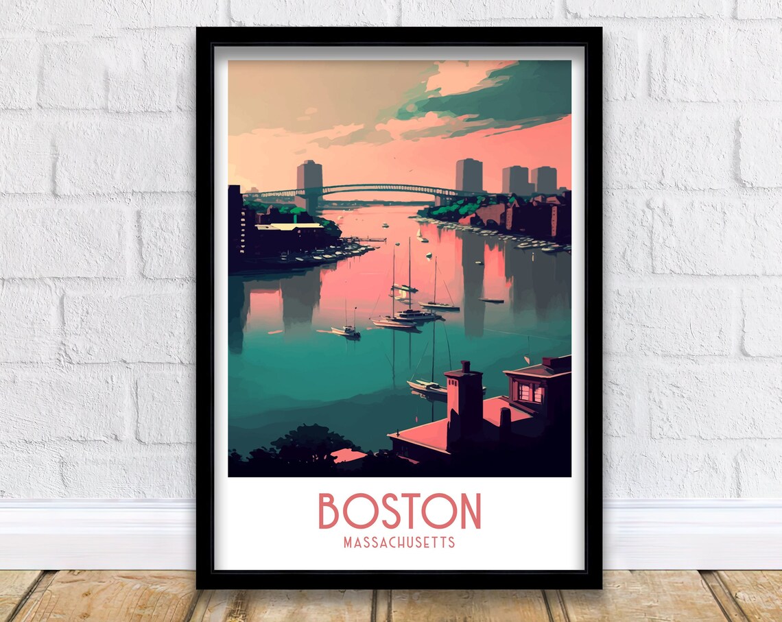Boston Massachusetts Sunset Harbor Skyline Sailboat Art Poster