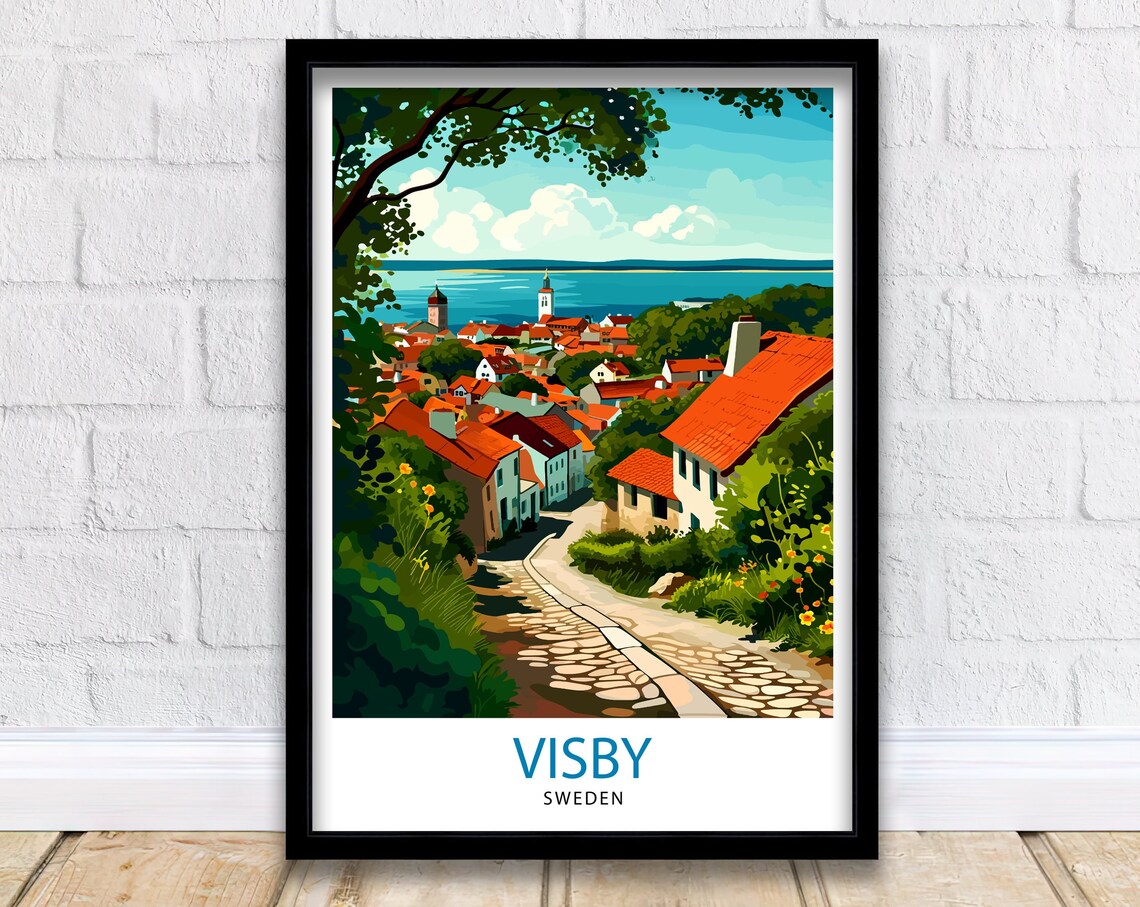 Visby Sweden Medieval Rooftops Cobblestone Street Travel Poster