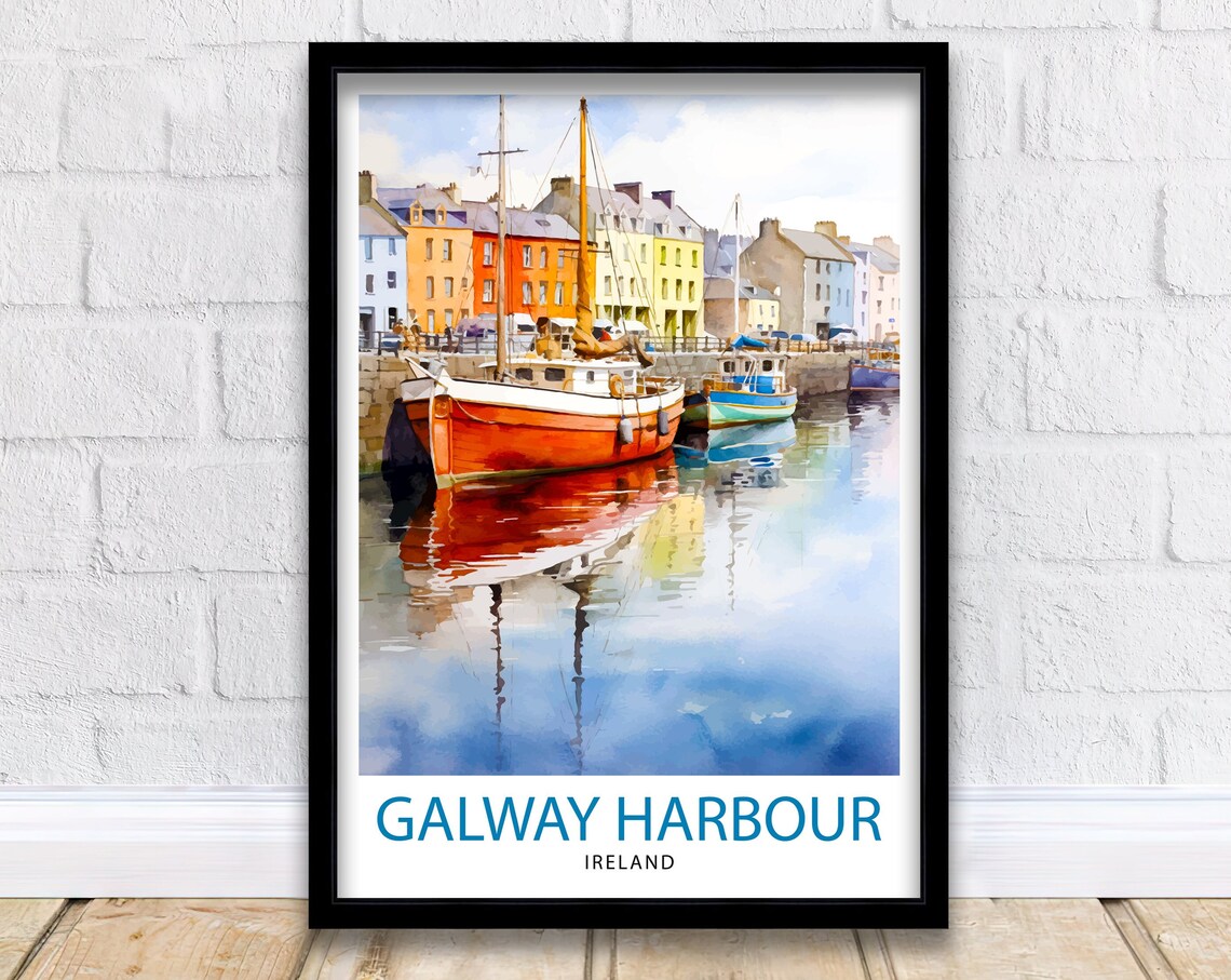 Galway Harbour Ireland Colorful Quay Boats Watercolor Travel Poster