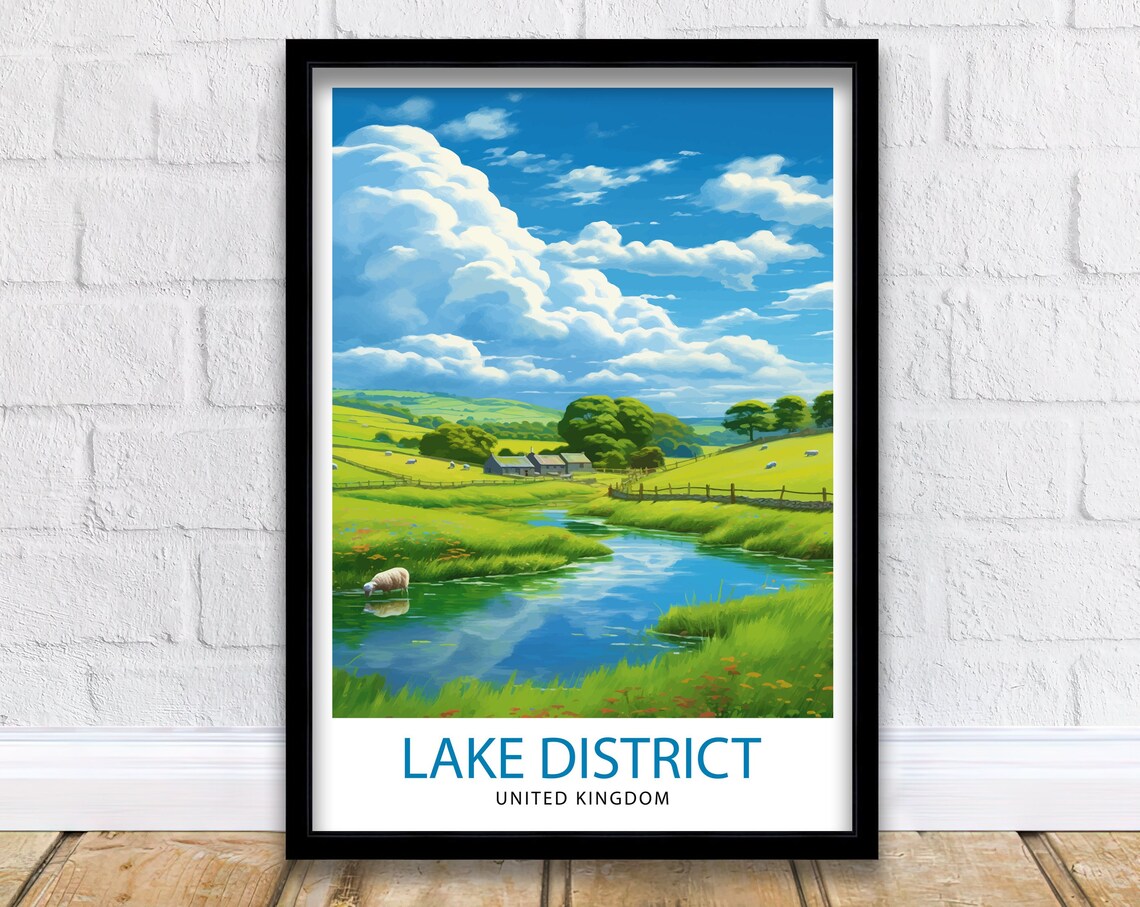Lake District United Kingdom Green Stream Sheep Pasture Travel Poster
