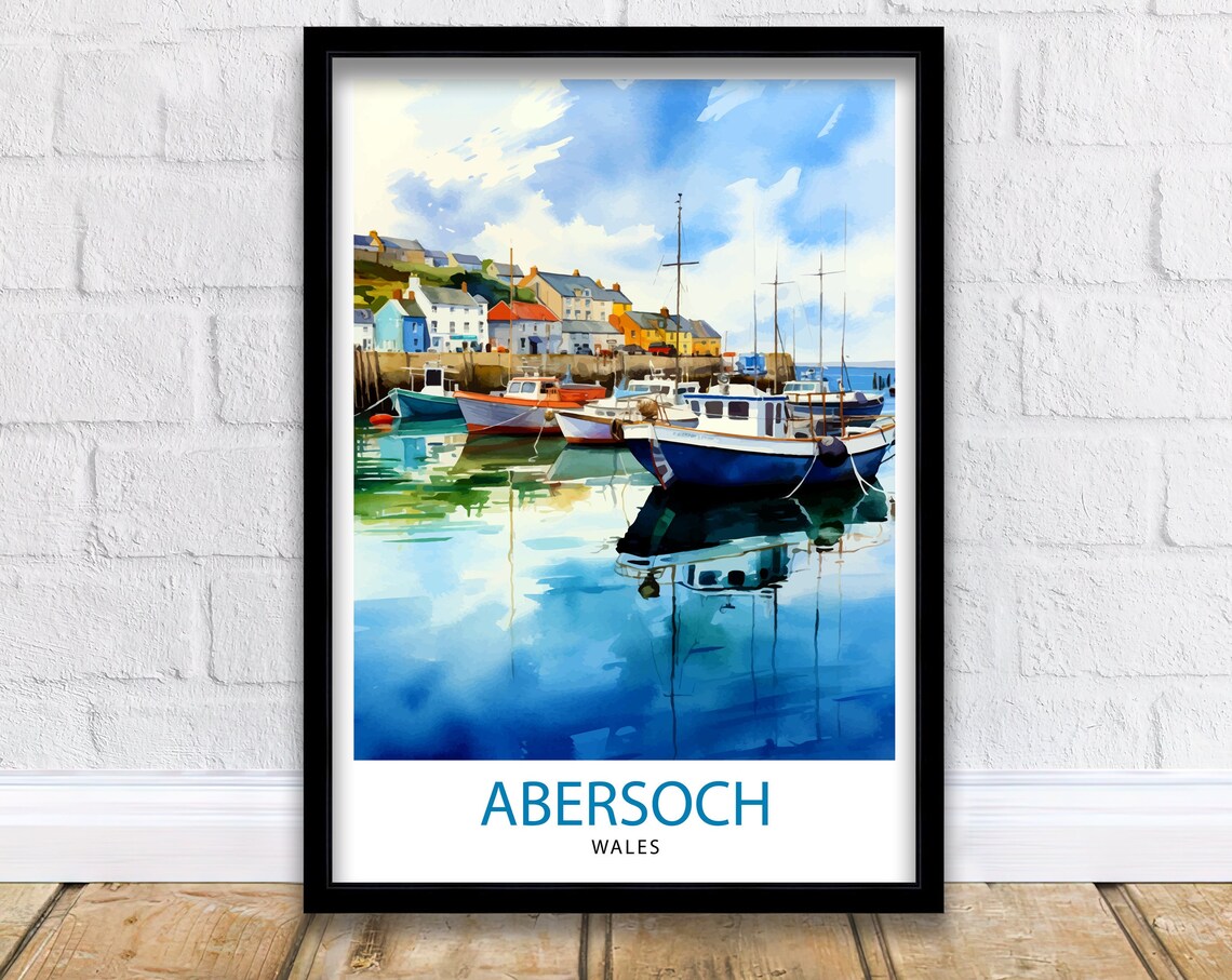 Abersoch Wales Harbor Boats Watercolor Coastal Travel Poster