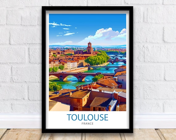 Toulouse France Pink City River Bridges Vintage Travel Poster