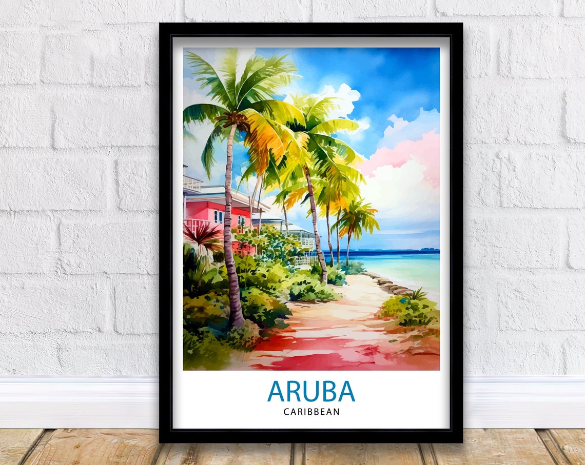 Aruba Caribbean Palm Lined Beach Path Turquoise Shore Art Poster