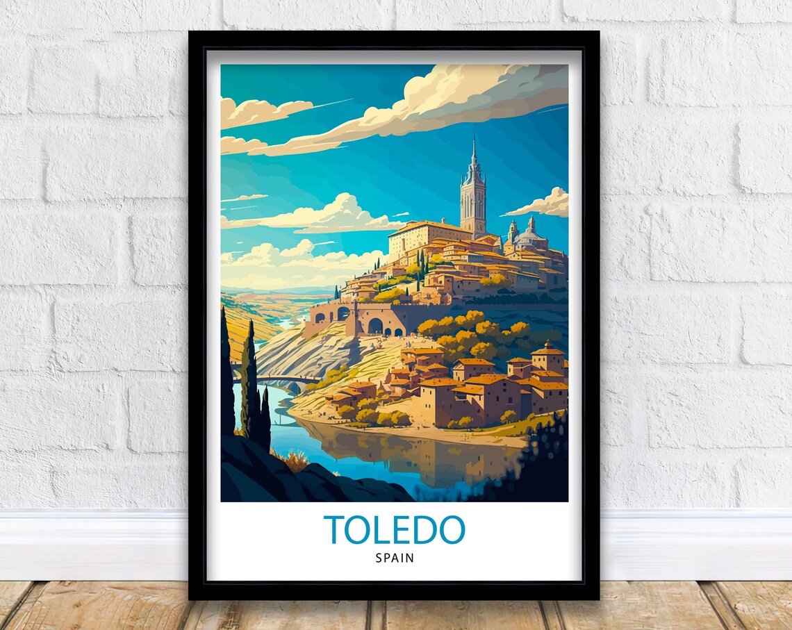 Toledo Spain Hilltop City River Bridges Vintage Travel Poster Sunset