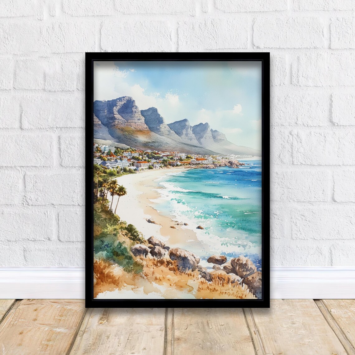 Table Mountain Beach Watercolor Cape Town South Africa Poster