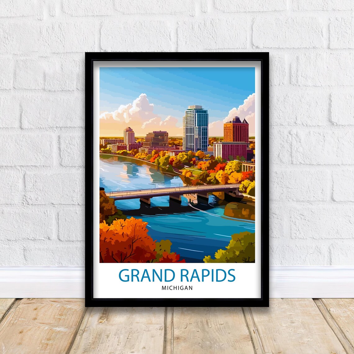 Grand Rapids Michigan River Skyline Vintage Style Travel Poster