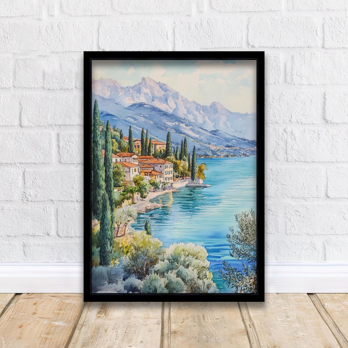 Lake Garda Watercolor Italian Lakeside Village Cypress Poster