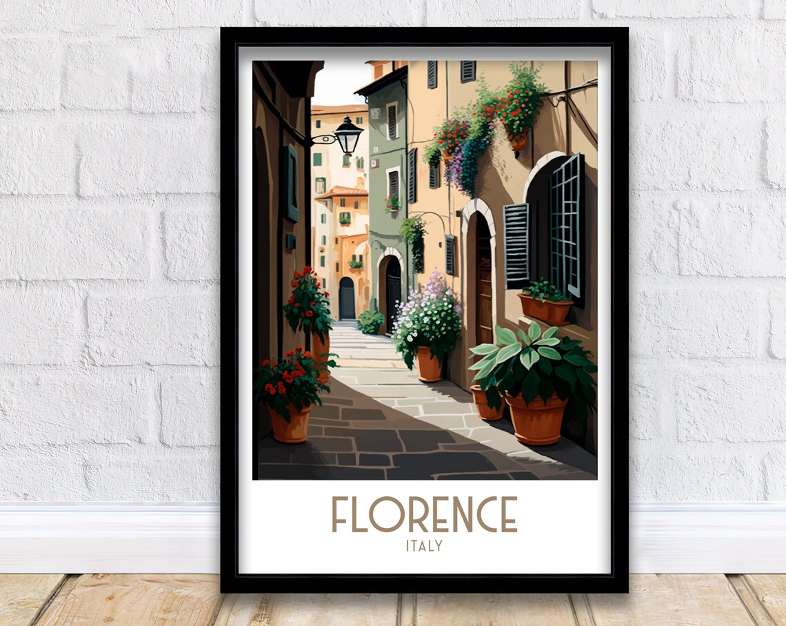 Florence Italy Charming Old Street Flower Pots Facade Art Poster
