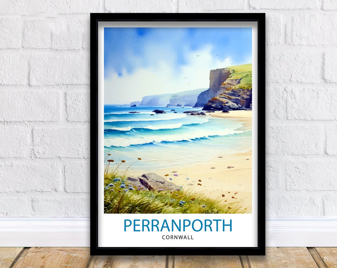 Perranporth Cornwall Beach Surf Rocky Headland Coast Art Poster