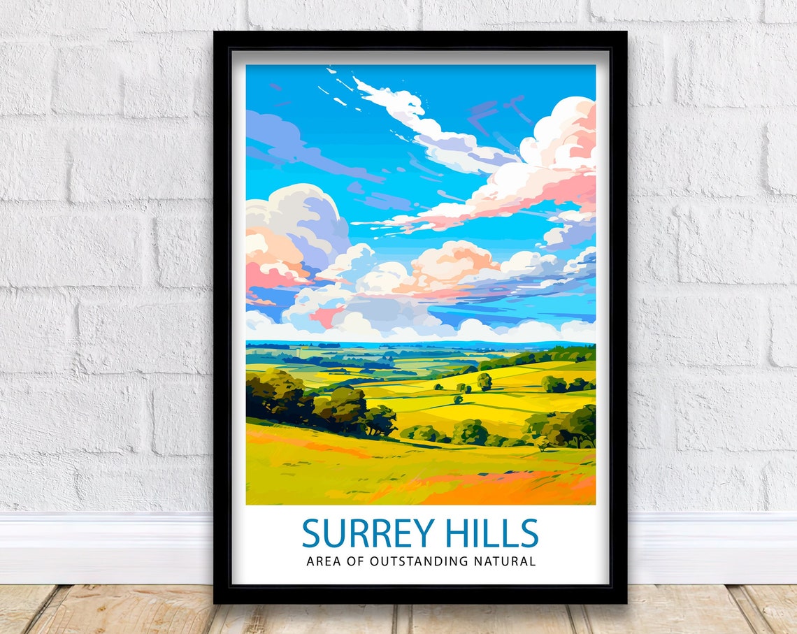Surrey Hills England Rolling Green Fields Clouds Travel Poster