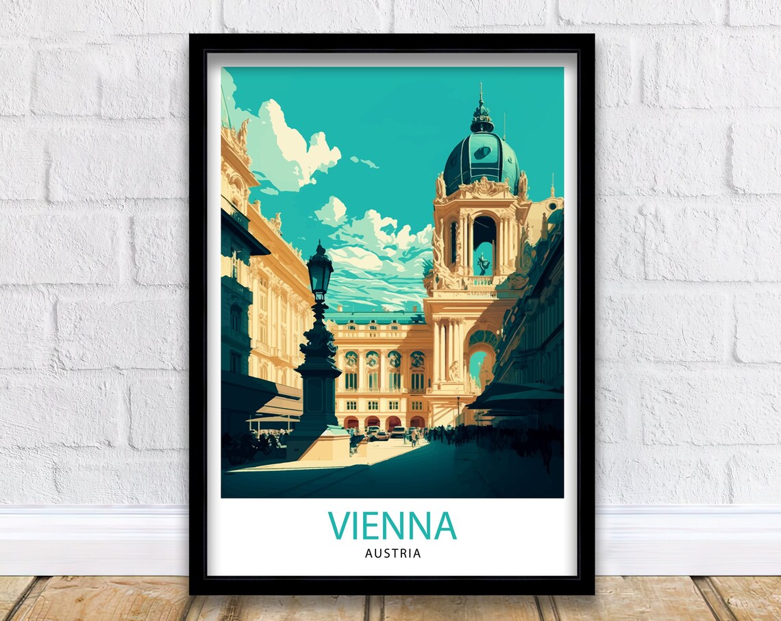Vienna Austria Vintage Travel Poster Teal Palace Cityscape Art