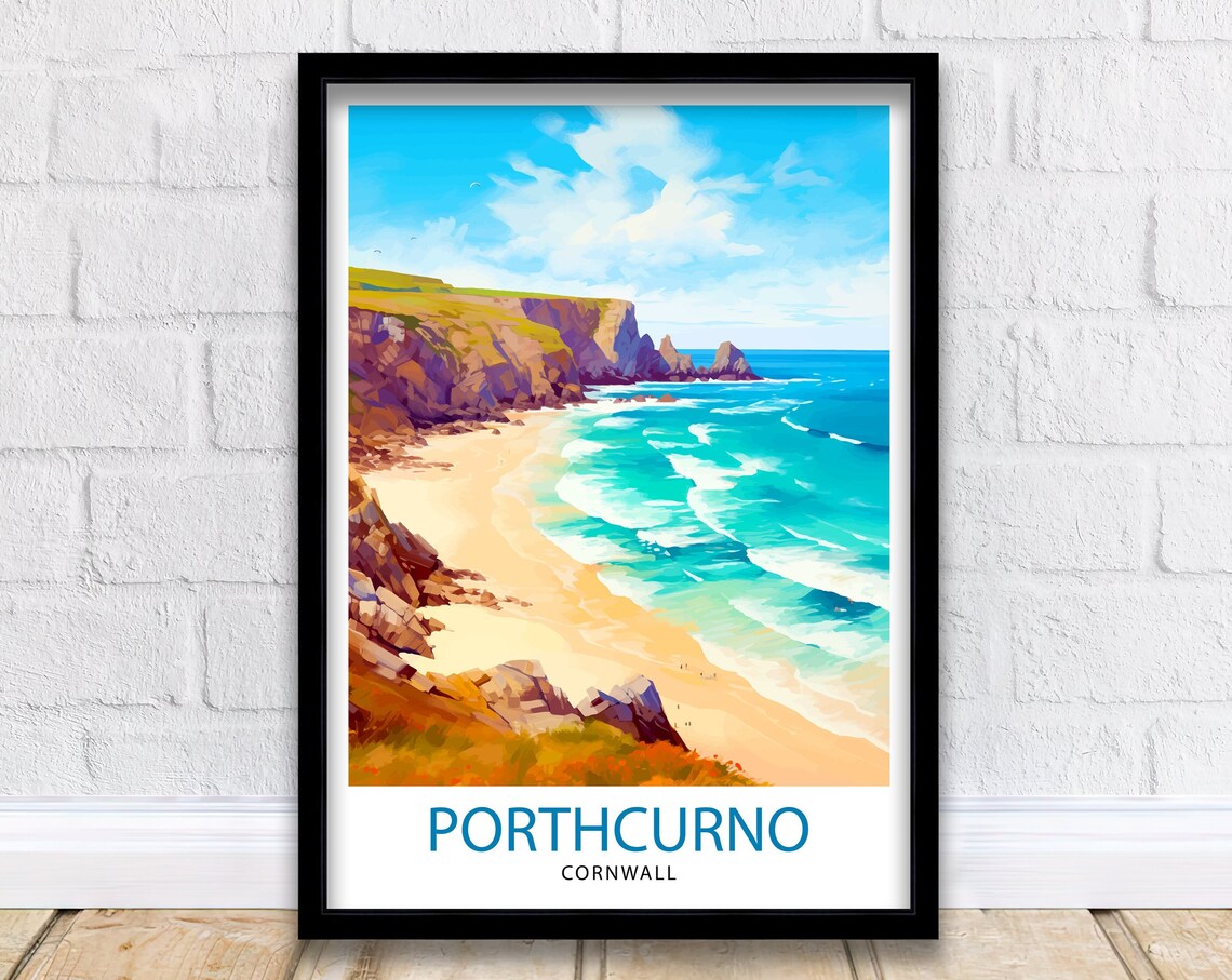 Porthcurno Cornwall Golden Beach Bay Rugged Cliffs Scene Travel Poster