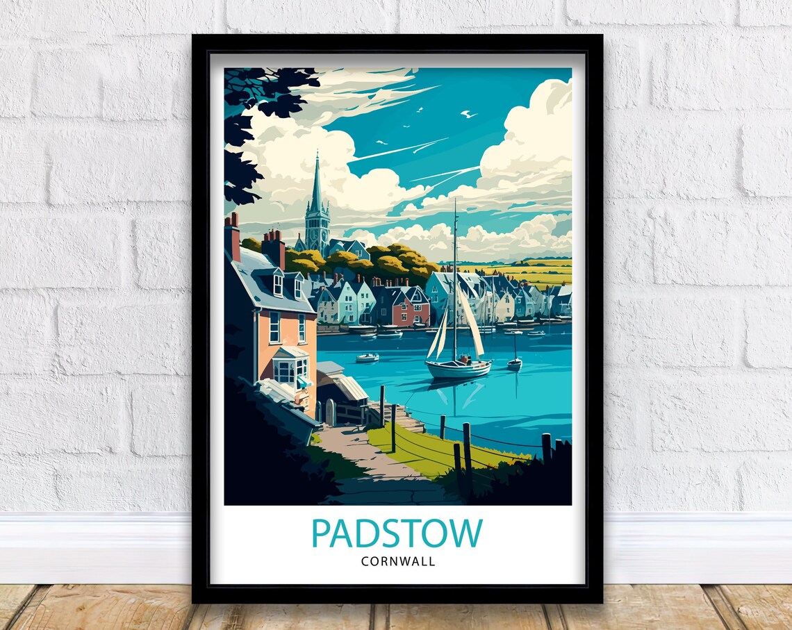 Padstow Cornwall Harbor Sailboats Church Spire Blue Sky Travel Poster
