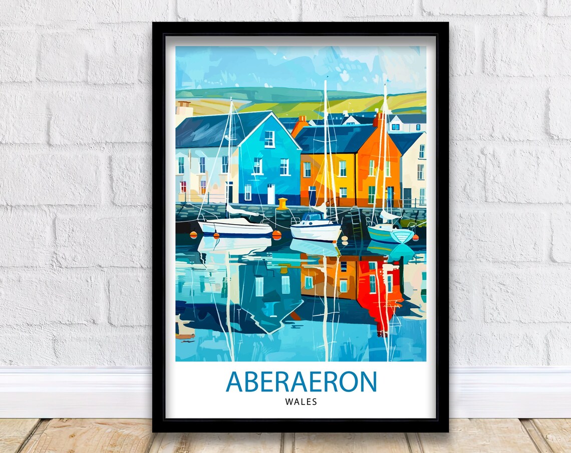 Aberaeron Wales Colorful Harbor Sailboats Waterfront Travel Poster