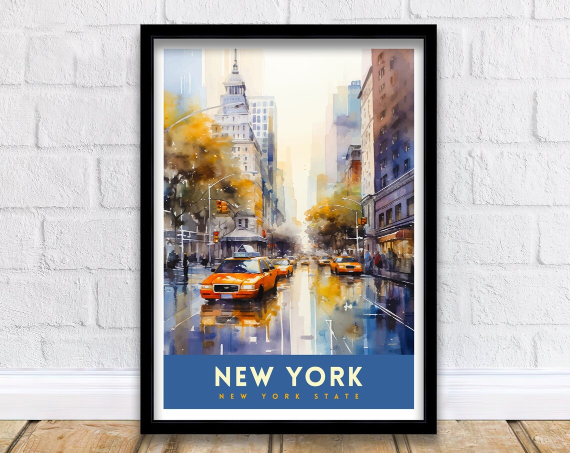 New York City Manhattan Yellow Cab Street Watercolor Scene Poster